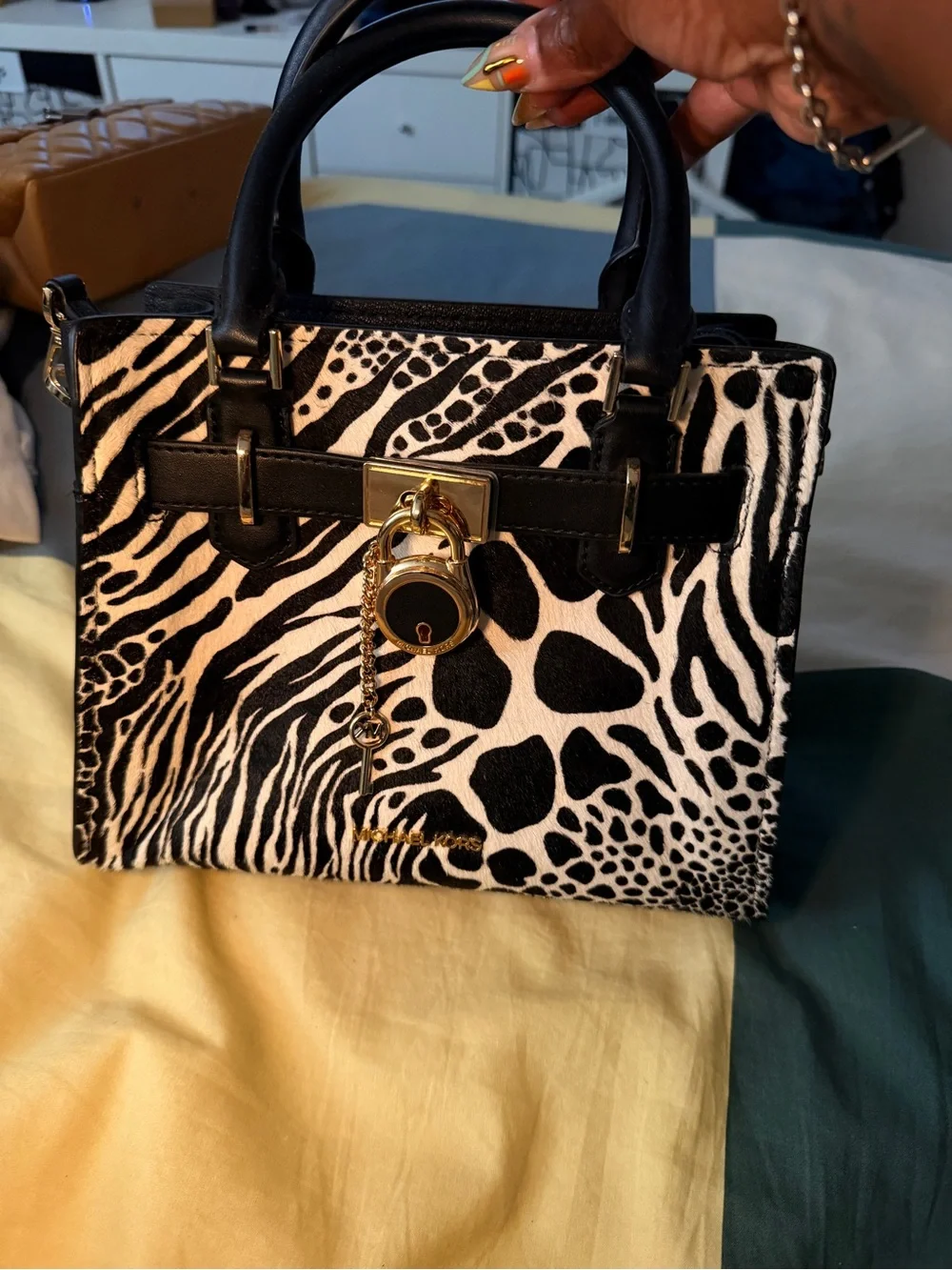 Michael Kors Black & White Animal-Print Satchel with Gold Hardware